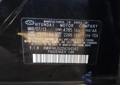 2013 Hyundai Azera из США, поврежденный, VIN KMHFH4JG2DA266542